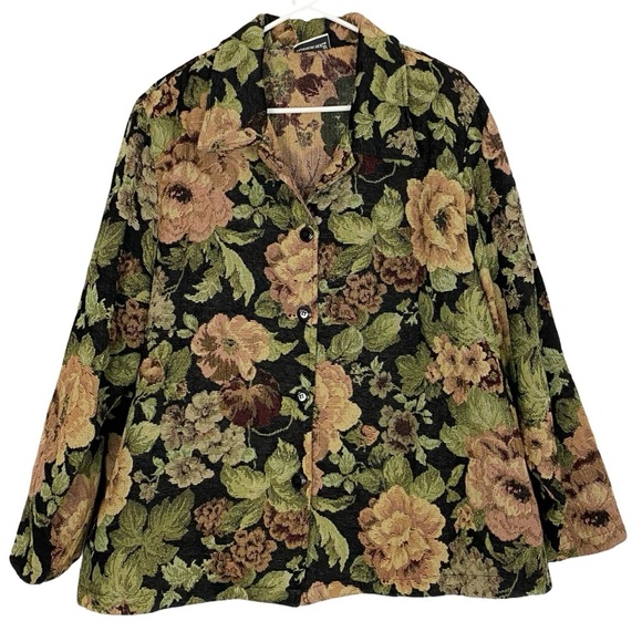Vintage Brocade Jacket Womens Plus Size 2X Rose Floral Black Pink Gold Granny - Picture 1 of 9